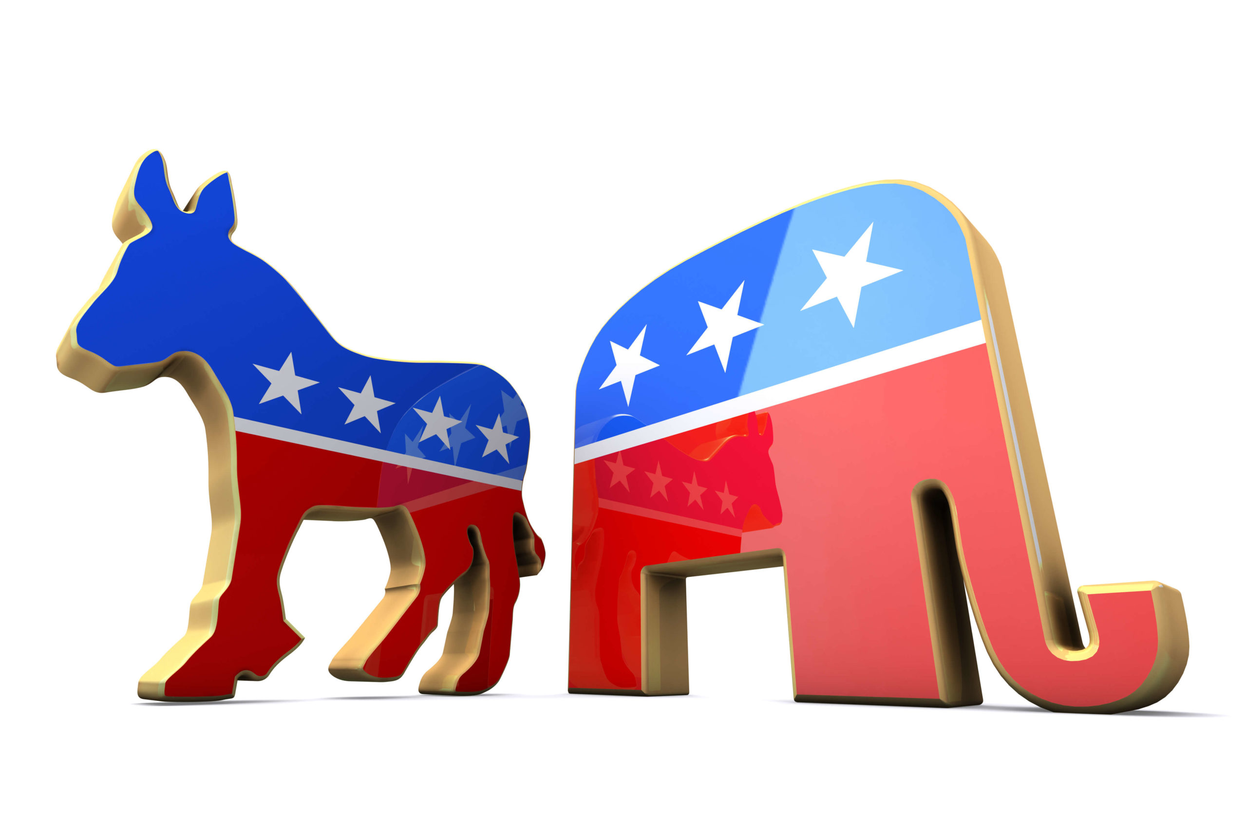 red, white, and blue donkey and elephant